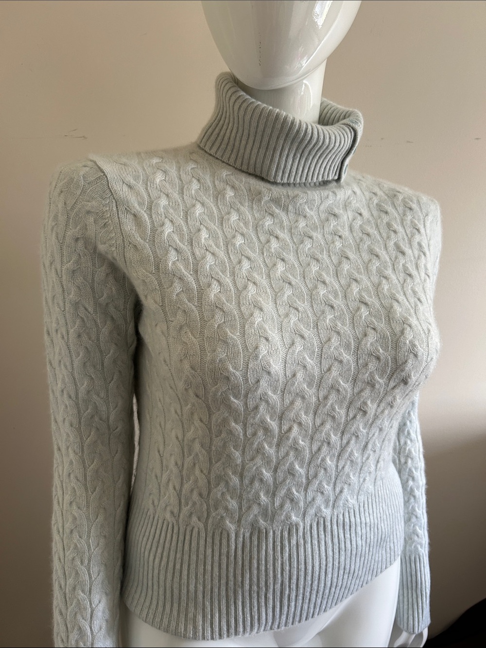 Vintage 90s Women’s Cashmere Cable-knit Turtleneck Sweater - Light Blue, Size L